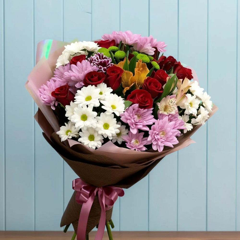 Букет цветов из: Розы, Хризантемы и Альстромерии в Давыдково