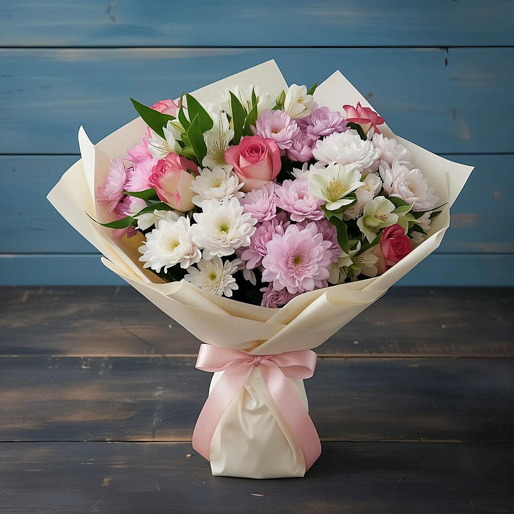 Букет цветов из: Хризантемы, Альстромерии и Розы в Давыдково